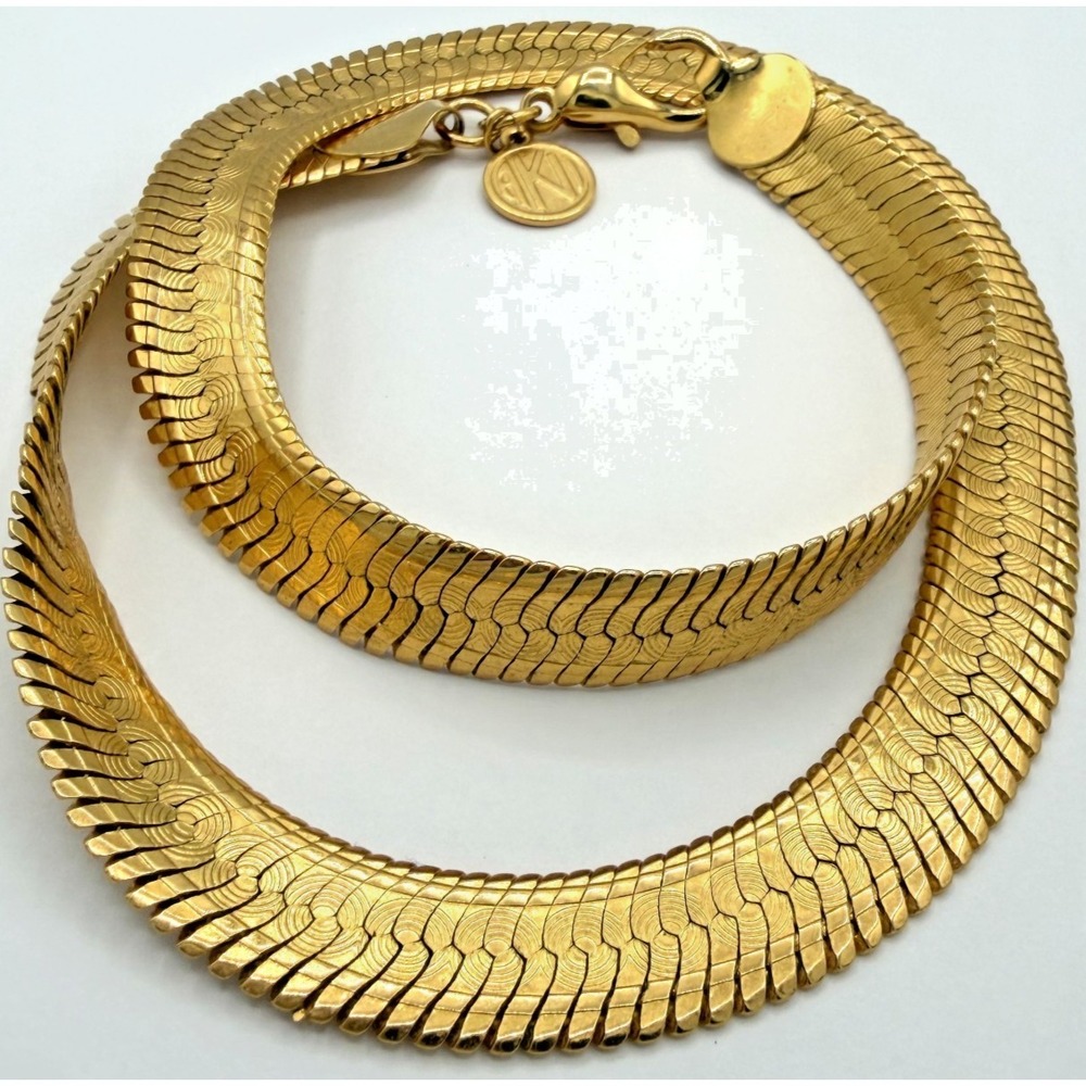 ANNE KLEIN Yellow Gold Tone Woven Herringbone Collar Chain Necklace 18"